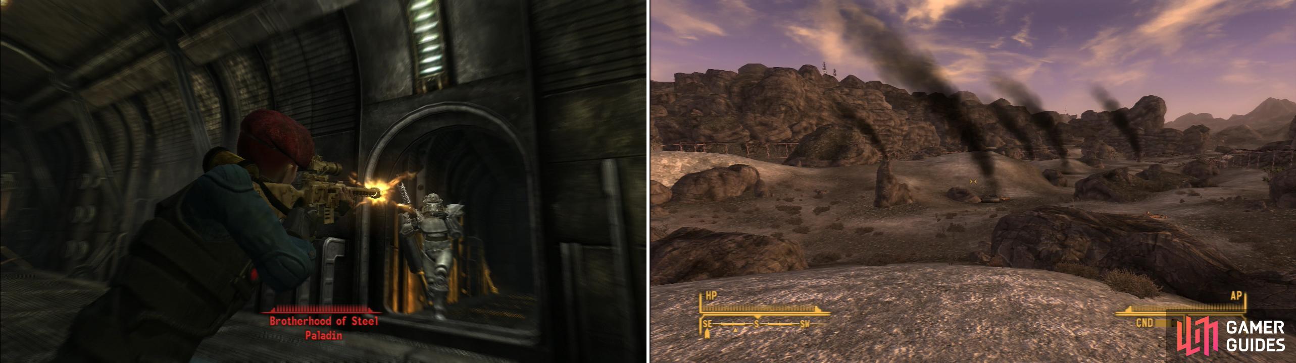 If you can’t be bothered to activate the self destruct mechanism (why waste a perfectly good bunker?) you can just murder all the Brotherhood of Steel members (left). The black plumes signal the destruction of the Hidden Valley bunker (right).