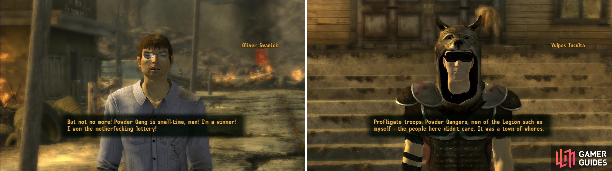 Oliver Swanick seems awfully happy that he won some lottery (left). Vulpes Inculta - the leader of the Legion forces that sacked Nipton - will shed light on the town’s demise (right).