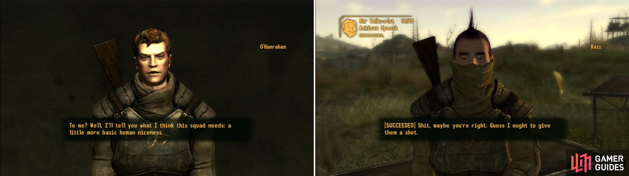 O’Hanrahan, the naive farm boy, suggests a good talking to might improve things (left) and indeed, if your Speech score is high enough, you can influence the Misfits into working with each other better (right).