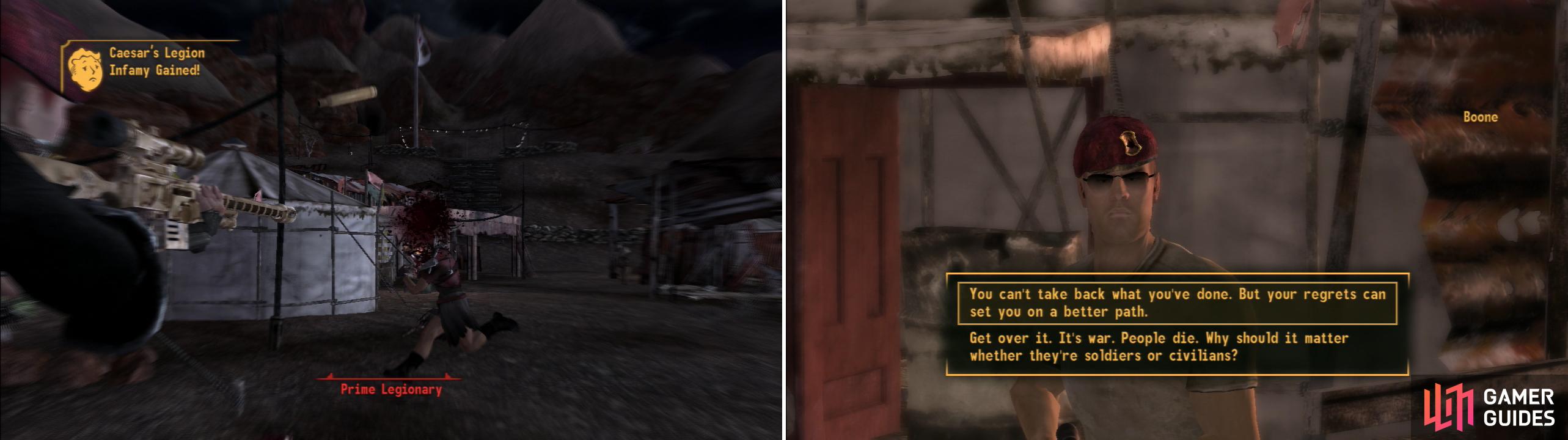 Kill the Legionaries invading Bitter Springs (left) then comment on Boone’s karma to influence his attitude for the rest of the game… and beyond (right).