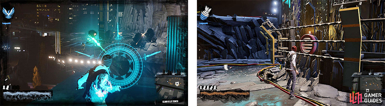 There are enemies to clear at the tower’s entrance, who are guarding the vent needed to start climbing (right).