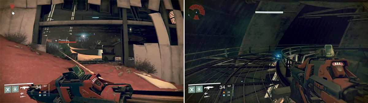 Run into the building and jump up to the catwalk above to collect the ghost.