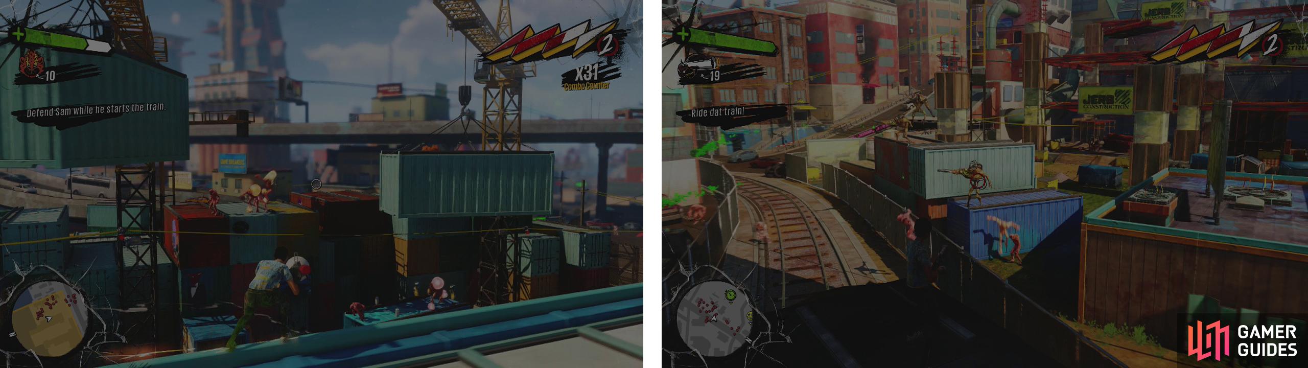 Defend the train against waves of OD (left) before riding the train out of the area (right).