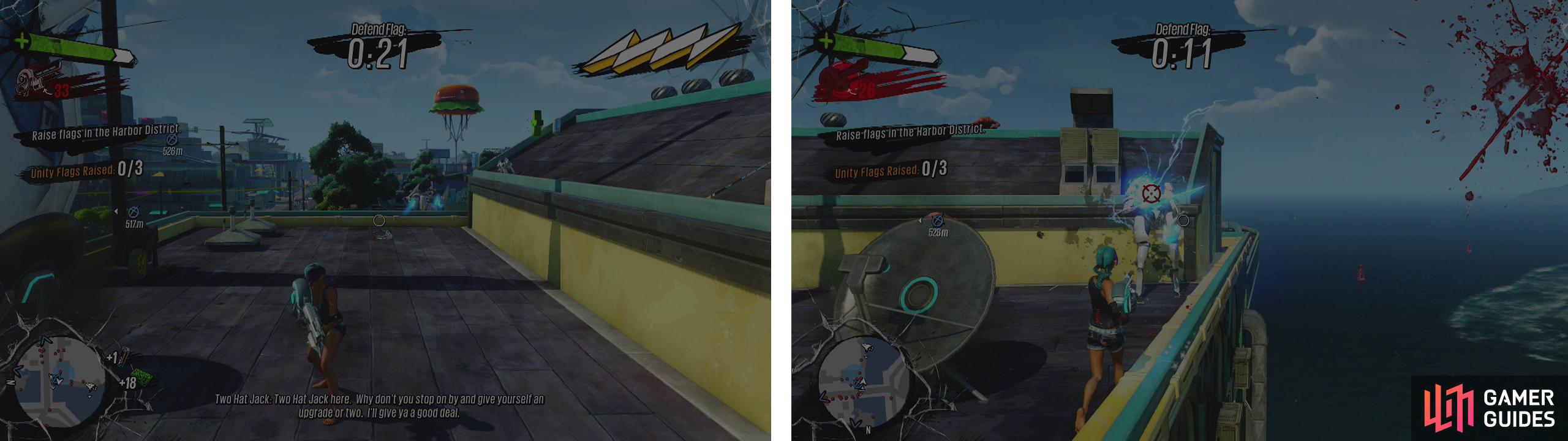 Head up and hit the lever by the flag (left). Then defend it against enemies for 30 seconds (right).