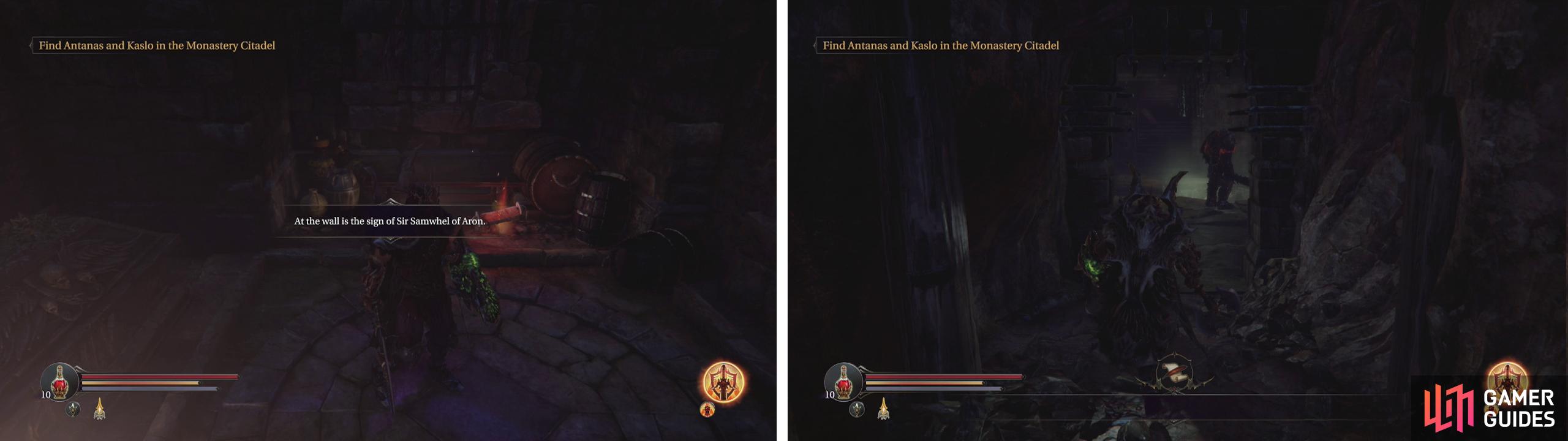 Enter the wooden door near the lever (left) for a Lever Handle item. Use this to open the Infected Monk’s cell and kill him (right) to complete the side-quest.