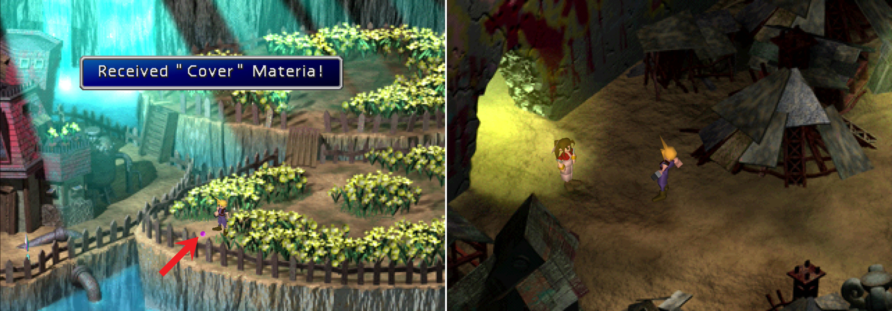 Pick up the Cover Materia in Aeris’s garden (left) then do your best to sneak to Sector 6 without rousing Aeris… (right).