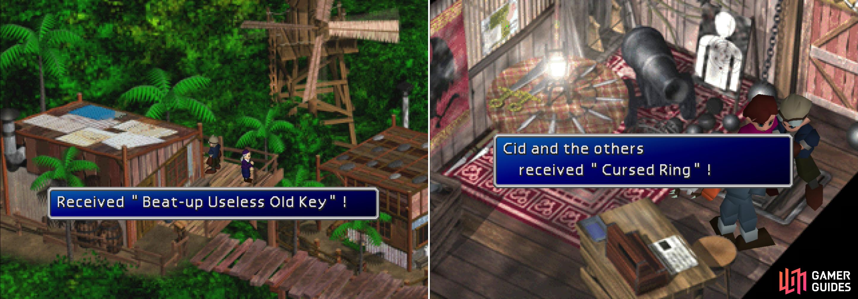 Find the “Beat-up Useless Old Key” near the accessory shop (left) then try to open the “locked” door in the weapon shop to get the Cursed Ring (right).