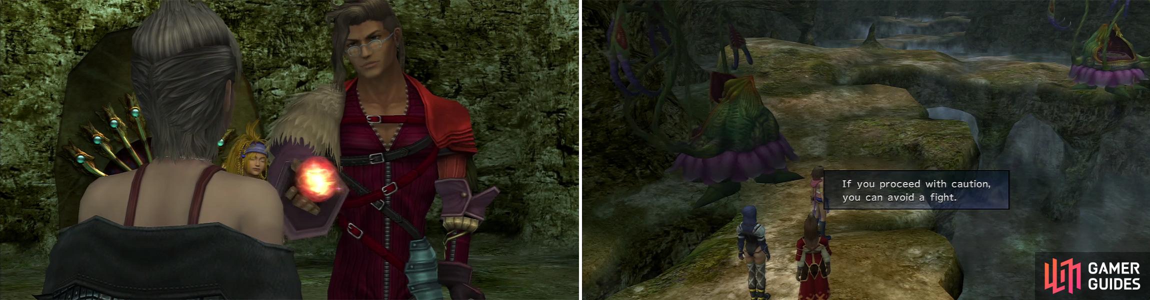 Visiting the entrance to the Den of Woe results in Nooj handing over one of the 10 Crimson Spheres (left). You can sneak past the Ochus to avoid a fight (right).