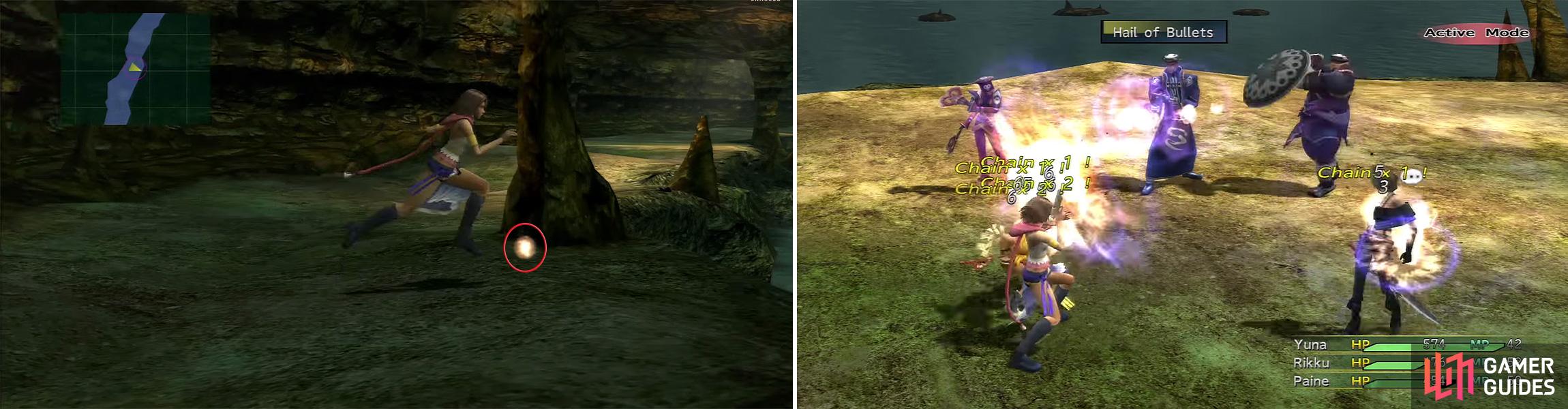 Along the path south you can find Yuna’s Special Dressphere (left) which initiates the boss fight. Logos can use Hail of Bullets (right) to hit all party members.